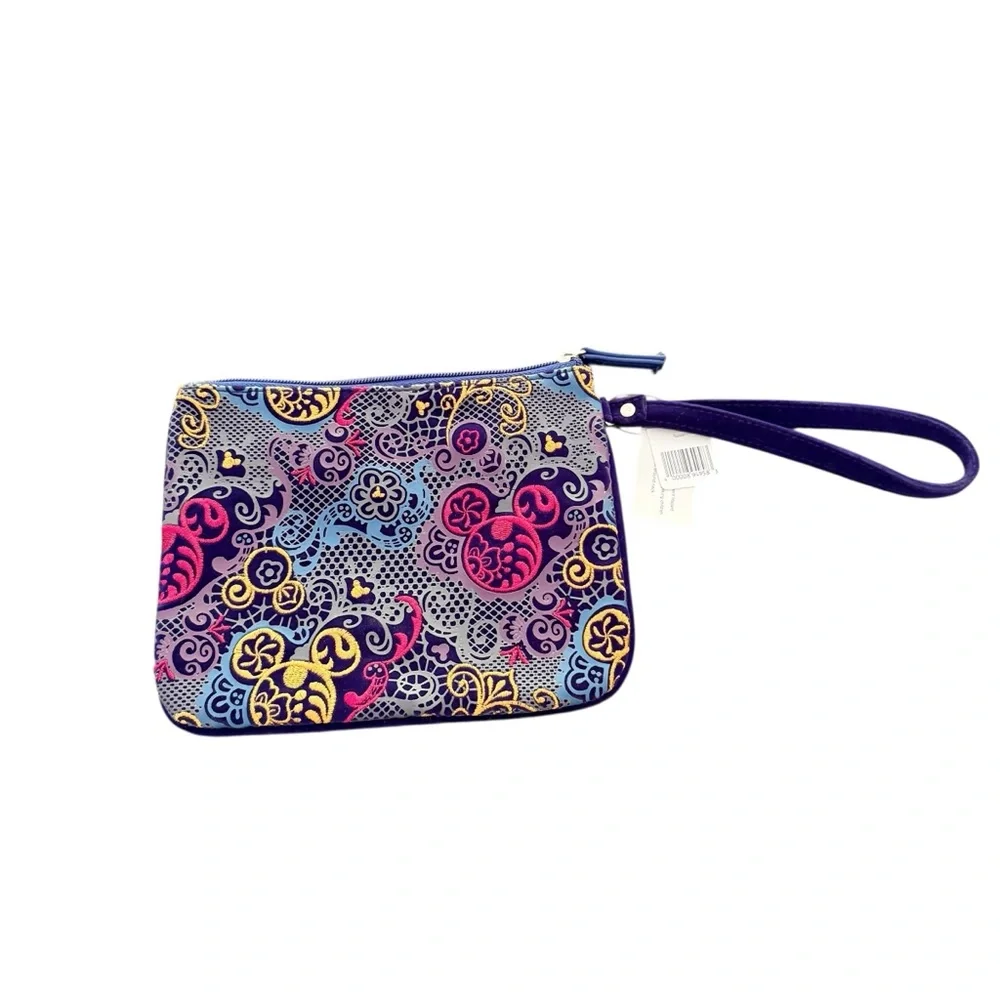 Disney Parks Pink Gold Stitched Mickey Mouse Blue Velvet Wristlet Bag 6.5X8